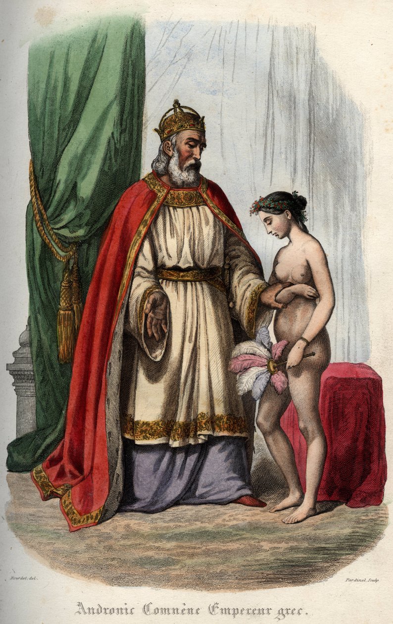 Bysantinske kejsaren Andronikos I Komnenos (eller Andronicus I Comnenus (ca 1118-1185) (Andronic I Comnene) och hans fru Agnes av Frankrike (1171-1240) som tvingas framträda naken för sin orgie. Gravyr från 1842 i "Histoire des" påvar”” av Maurice Lachatre av Unknown artist