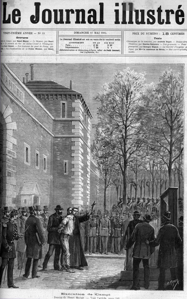 CAMPI, MÖRDARE PÅ RUE DU REGARD - "" Avrättningen av lönnmördaren Michel Campi, på place de la Roquette, 30 april 1884 - GUILLOTIN - gravyr i "" Le journal illustrious" från 1884 av Unknown artist