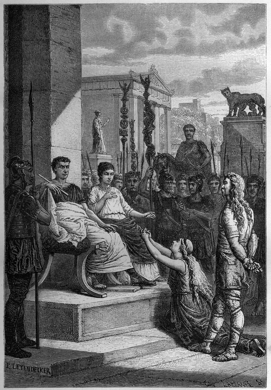 CHAMACUS FÅNGENHET - Caratacus (Caratacos, Caratacus) i fångenskap med sin familj tilltalar den romerske kejsaren Claudius (Claude I) (10 f.Kr.-54 e.Kr.) - Gravyr i "L