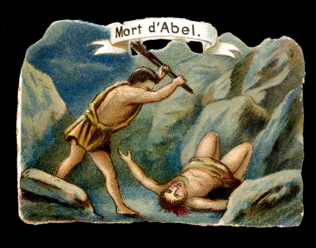 Kain dödar sin yngre bror Abel av svartsjuka (Adams och Evas barn). Kromolitografi av 1800-talet. av Unknown artist