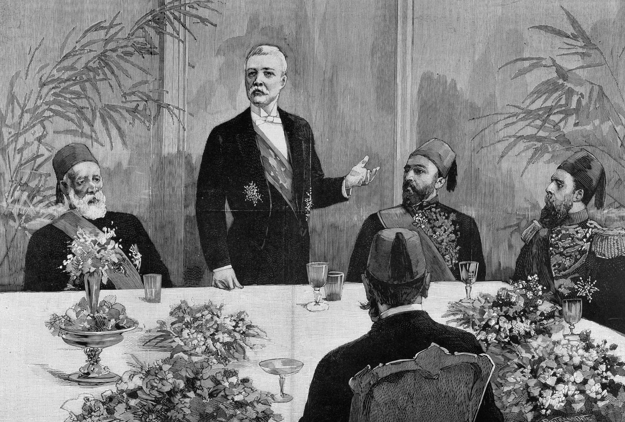 Kairo: Stanley (Sir Henry Morton) (1841 - 1904) håller ett tal vid sin bankett. Gravyr av 1800-talet. av Unknown artist