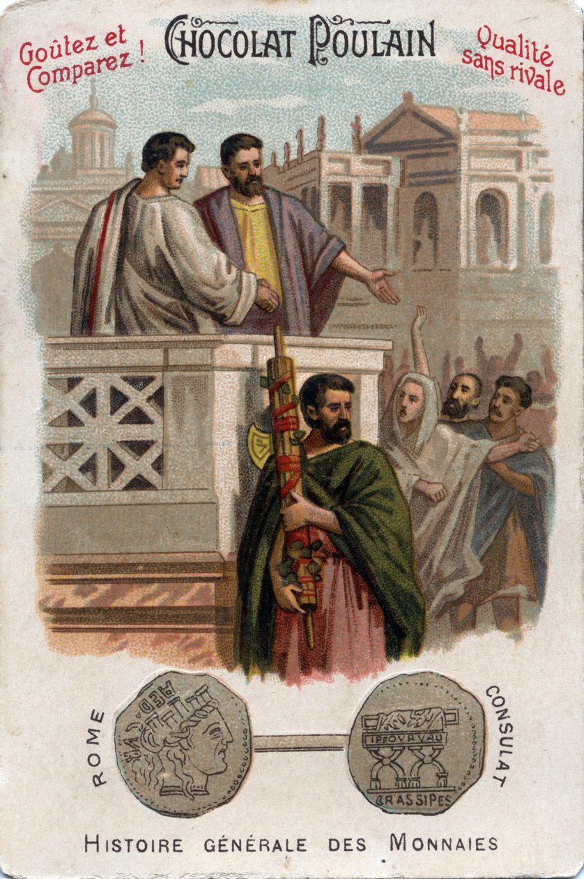 Caius Licinius Calvus Stolon bidrar till plebejernas anslutning till den politiska makten genom att få tillgång till konsulatet. I Myntens allmänna historia. Choklad-fölkromolitografi från slutet av 1800-talet. Privat samling. av Unknown artist