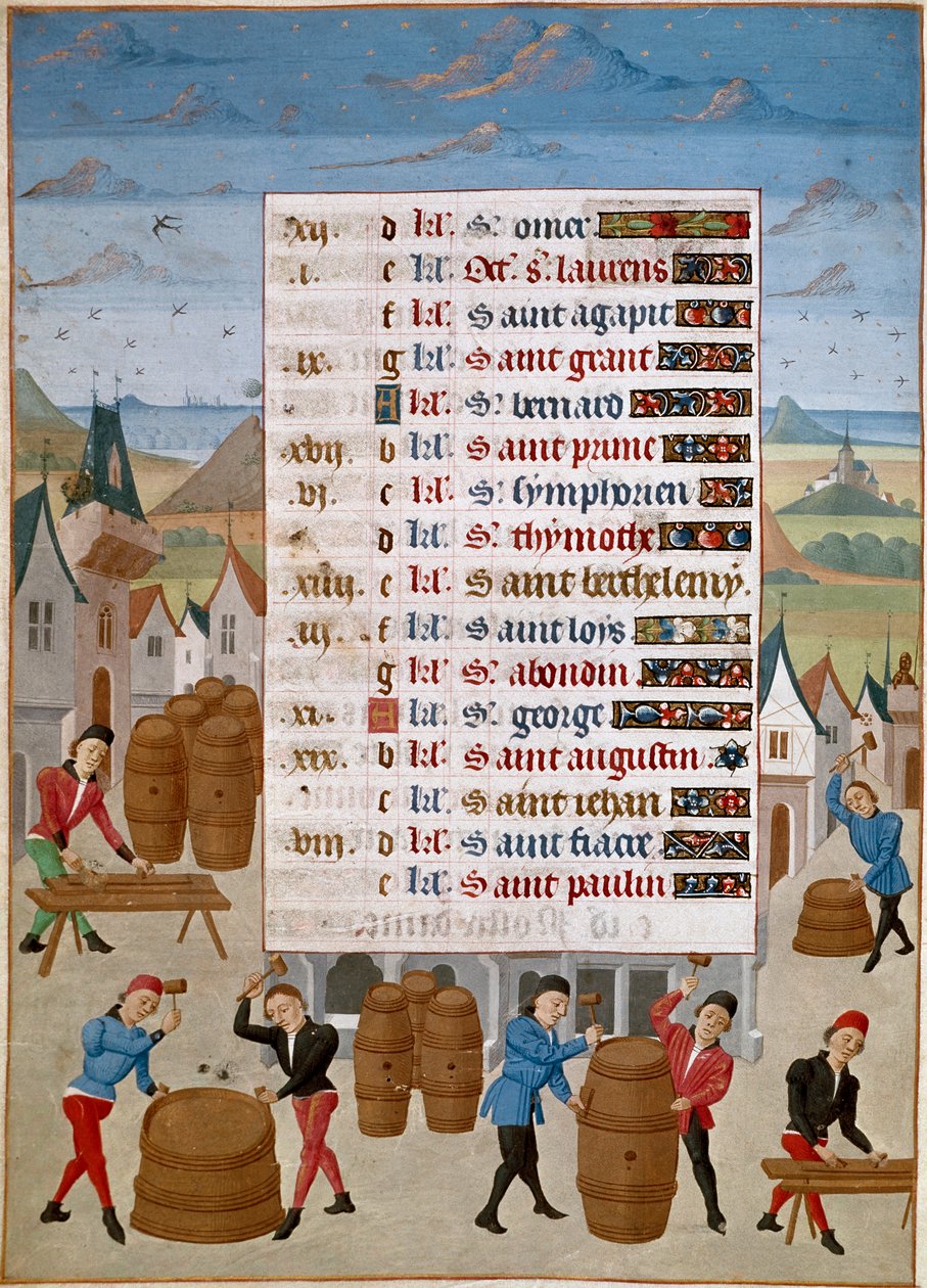 Kalender: Augusti - Tillverkning av vinfat - Miniatyr av mästare Jean de Rolin (1400-talet) från "The Hours of Adelaide of Savoy, Duchess of Burgundy" 1460-1465 Chantilly, Musee Conde av Unknown artist