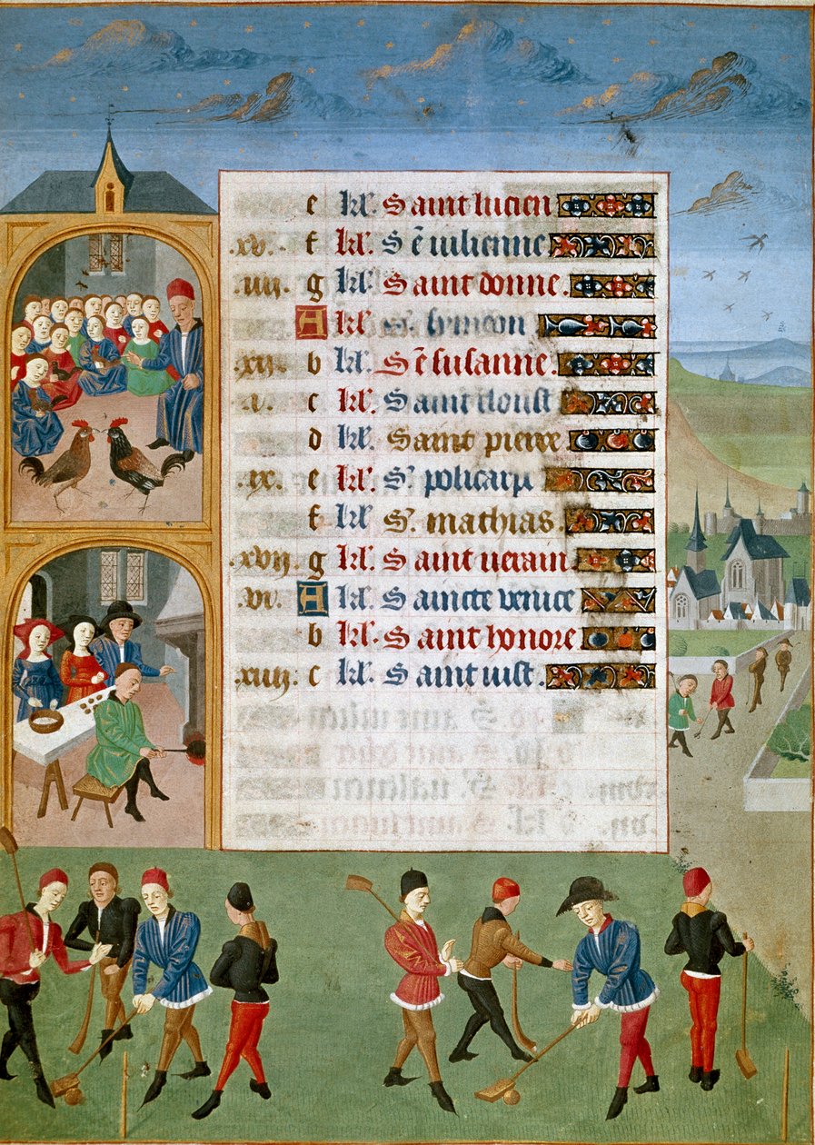 Kalender: Februari, de olika spelen: en sorts cricket, tuppen slåss - Miniatyr av mästaren av Jean Rolin från manuskriptet "" Les Hours d