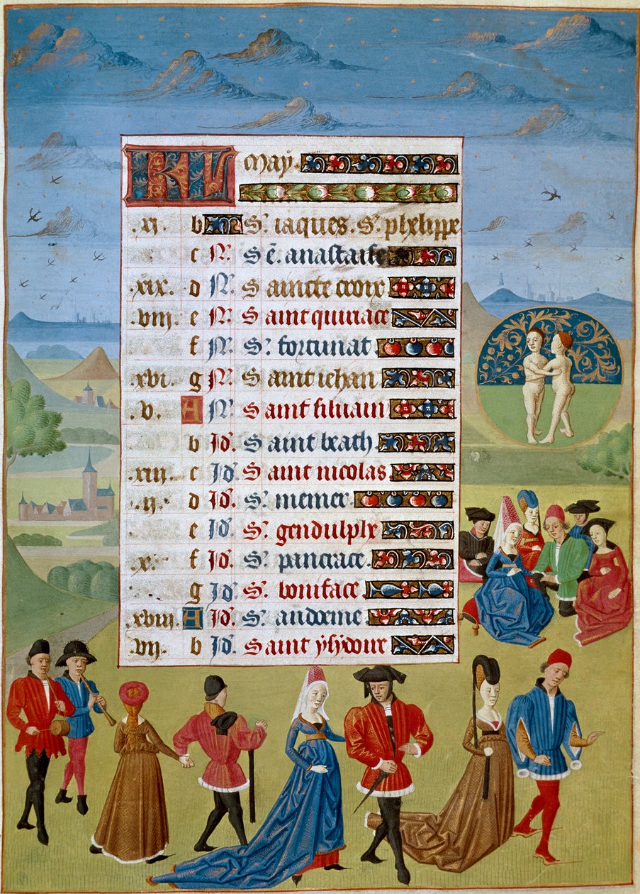 Kalender: maj månad, danser och spel - Miniatyr av mästaren av Jean Rolin från manuskriptet "The Hours of Adelaide of Savoy, Duchess of Burgundy" 1460-1465 Chantilly, Musee Conde av Unknown artist