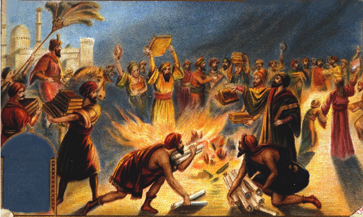 Kalifen Omar I bränner biblioteket i Alexandria - Liébigs reklamvinjett. kromolitografi från 1800-talet. av Unknown artist