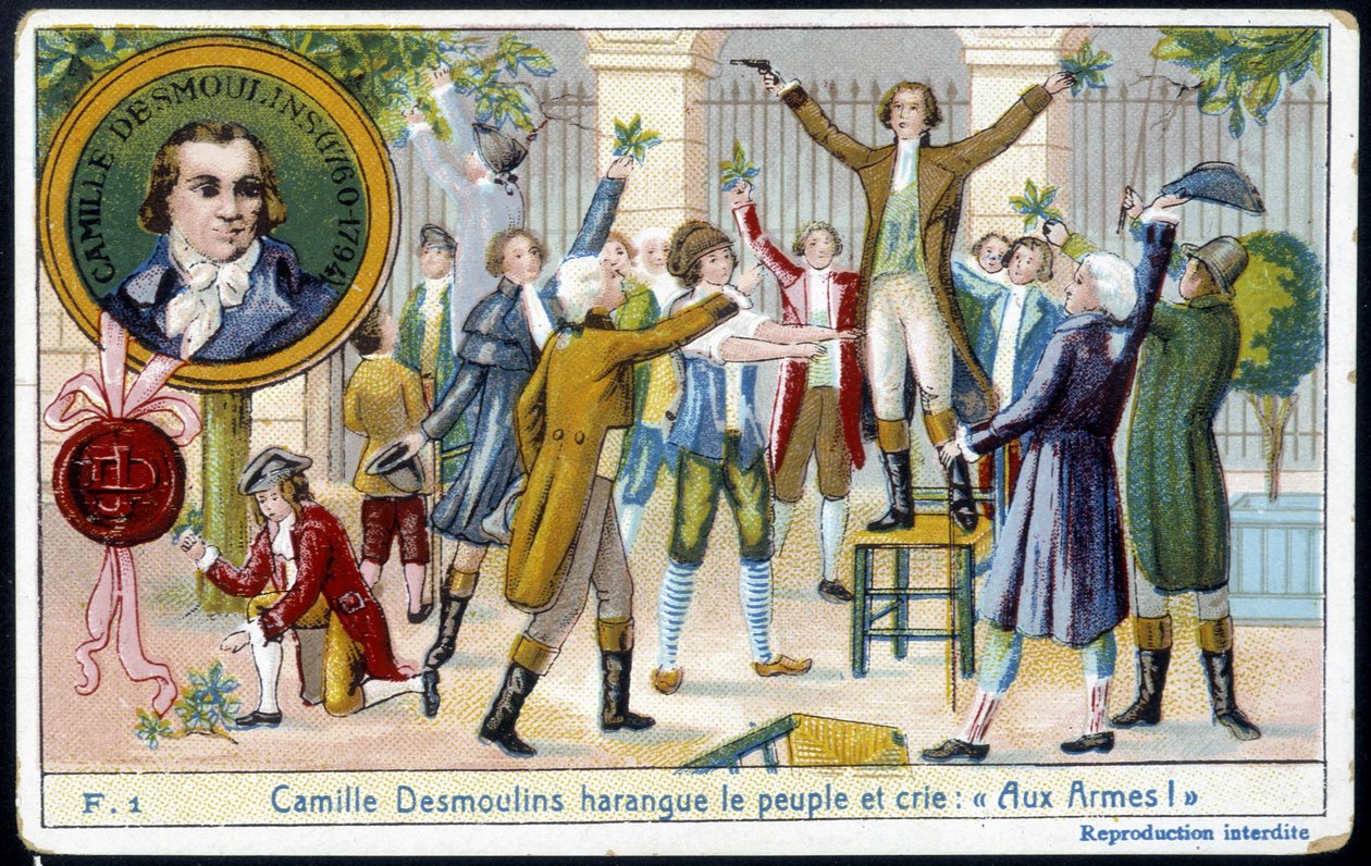 Camille Desmoulins trakasserade folket och ropade "" Med armar! "" - chromo., sent 1800-tal av Unknown artist