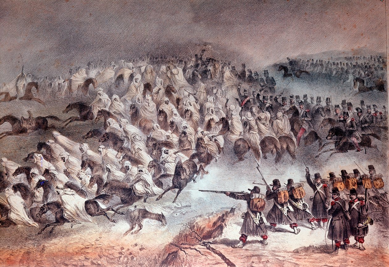 Algeriets kampanj, erövringen av Konstantin: den franska arméns reträtt i Sidi-Tamtam, 27 november 1836 (Litografi av Unknown artist