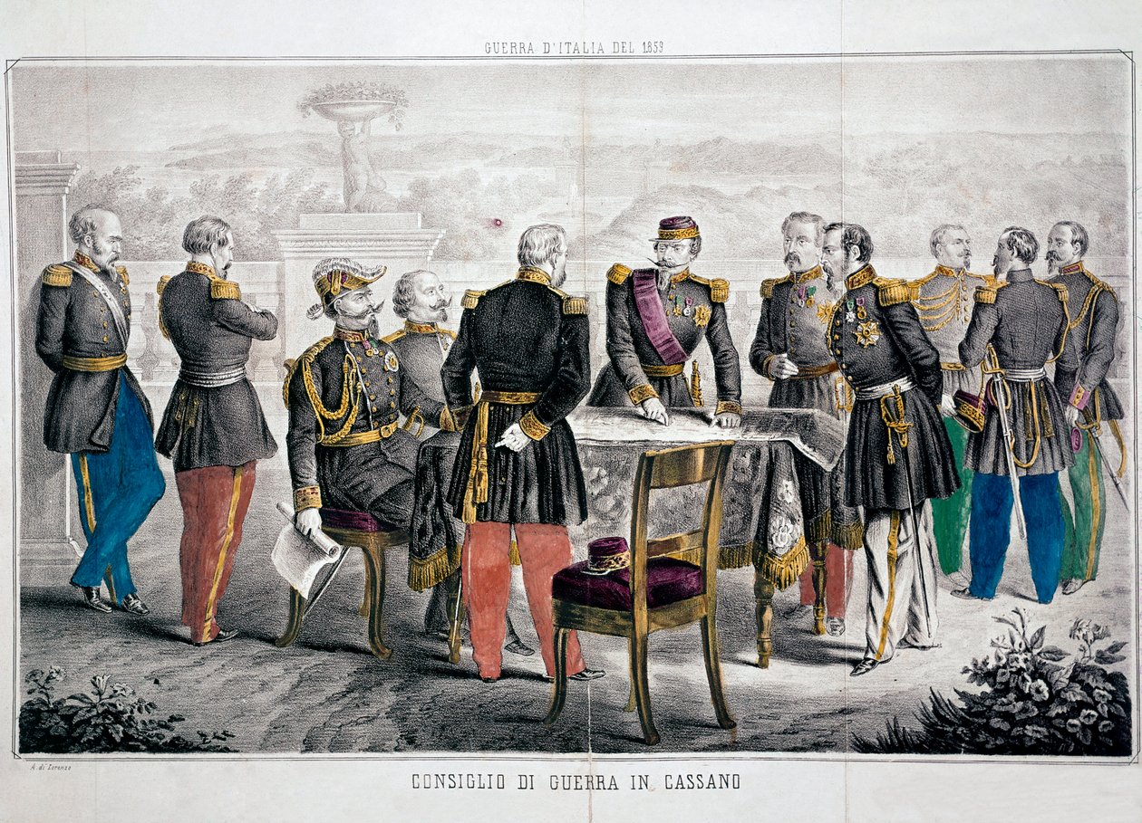 Italiens kampanj 1859: Cassanos krigsråd som ser mötet mellan Vittorio Emanuele II (Victor-Emmanuel eller Victor Emmanuel) och kejsar Napoleon III. Privat samling av Unknown artist