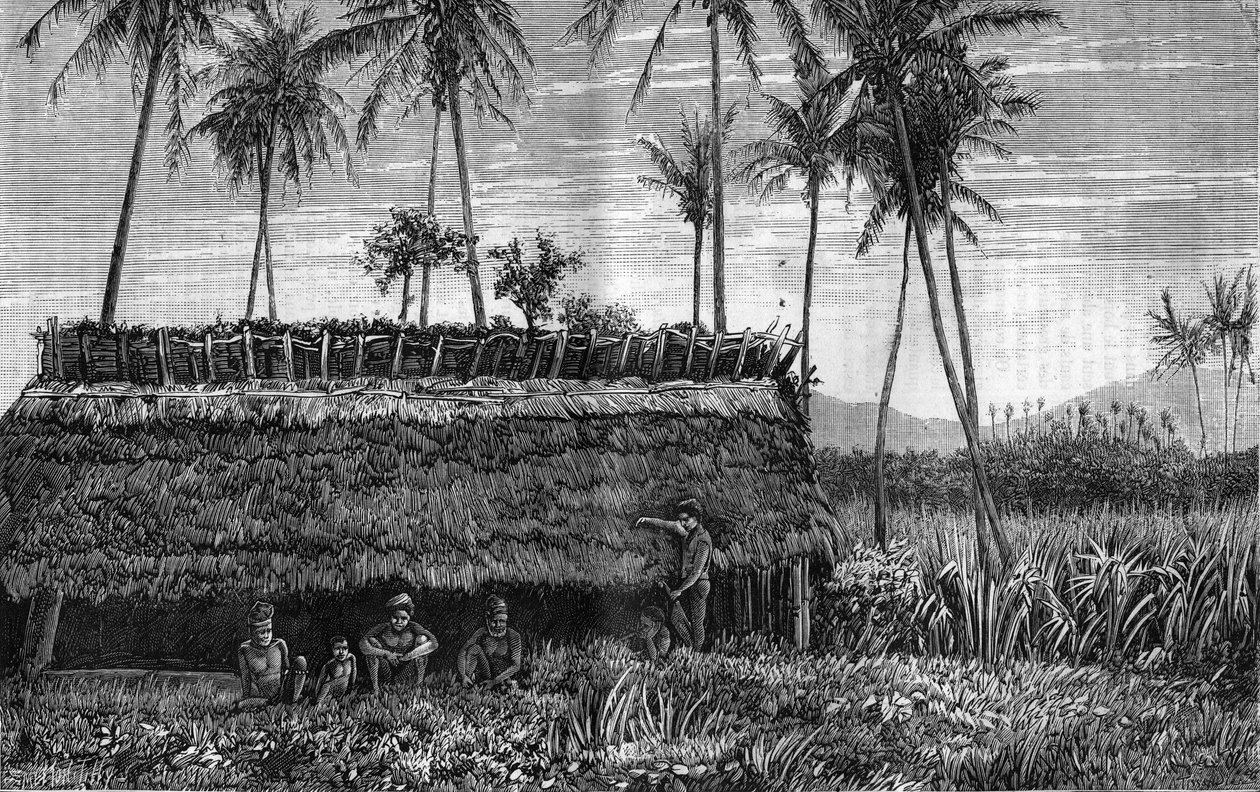 Canaques of New Caledonia (Nya Caledonia) framför en låda eller ett möteshus. Gravyr i "" La Nature"" av Unknown artist