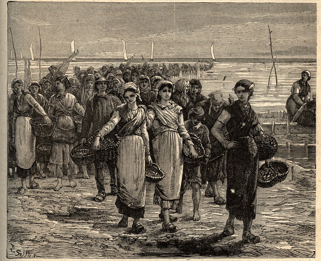 Cancale - Bretagne - The Cancalaises återvänder från fiskebåtarna - - gravering i "" PATRIE" - PECTUREQUIREQUE BESKRIVNING AV FRANKRIKE I 6 VOLYER AV LUCIEN HUARD - slutet av 1800-talet av Unknown artist