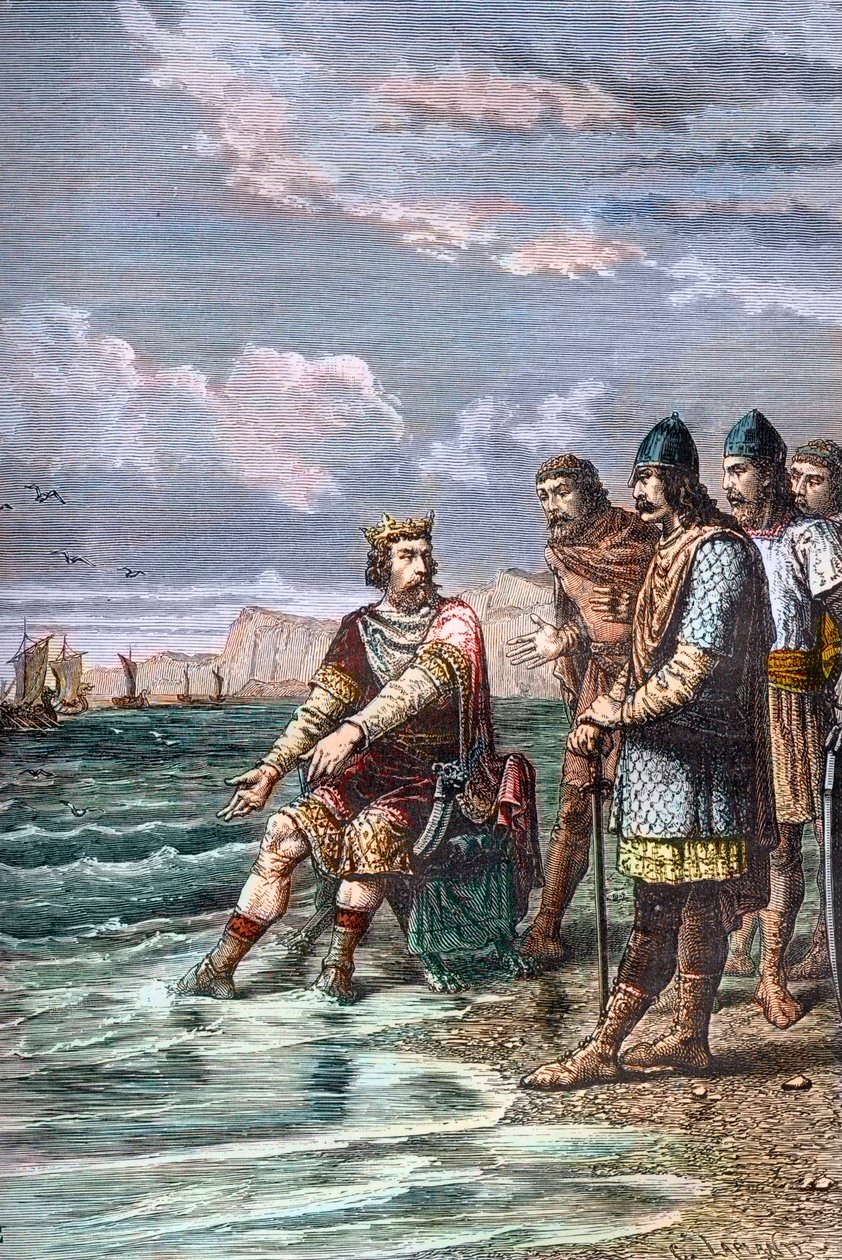 Knud den store, övertygar sina mäklare om att han inte har makt att hejda strömmen - kung Knut II den store (Knud I den store) (ca 995-1035), kung av England från 1016, av Danmark från 1018 och av Norge från 1030 - Han visar för sina hovmän att endast av Unknown artist