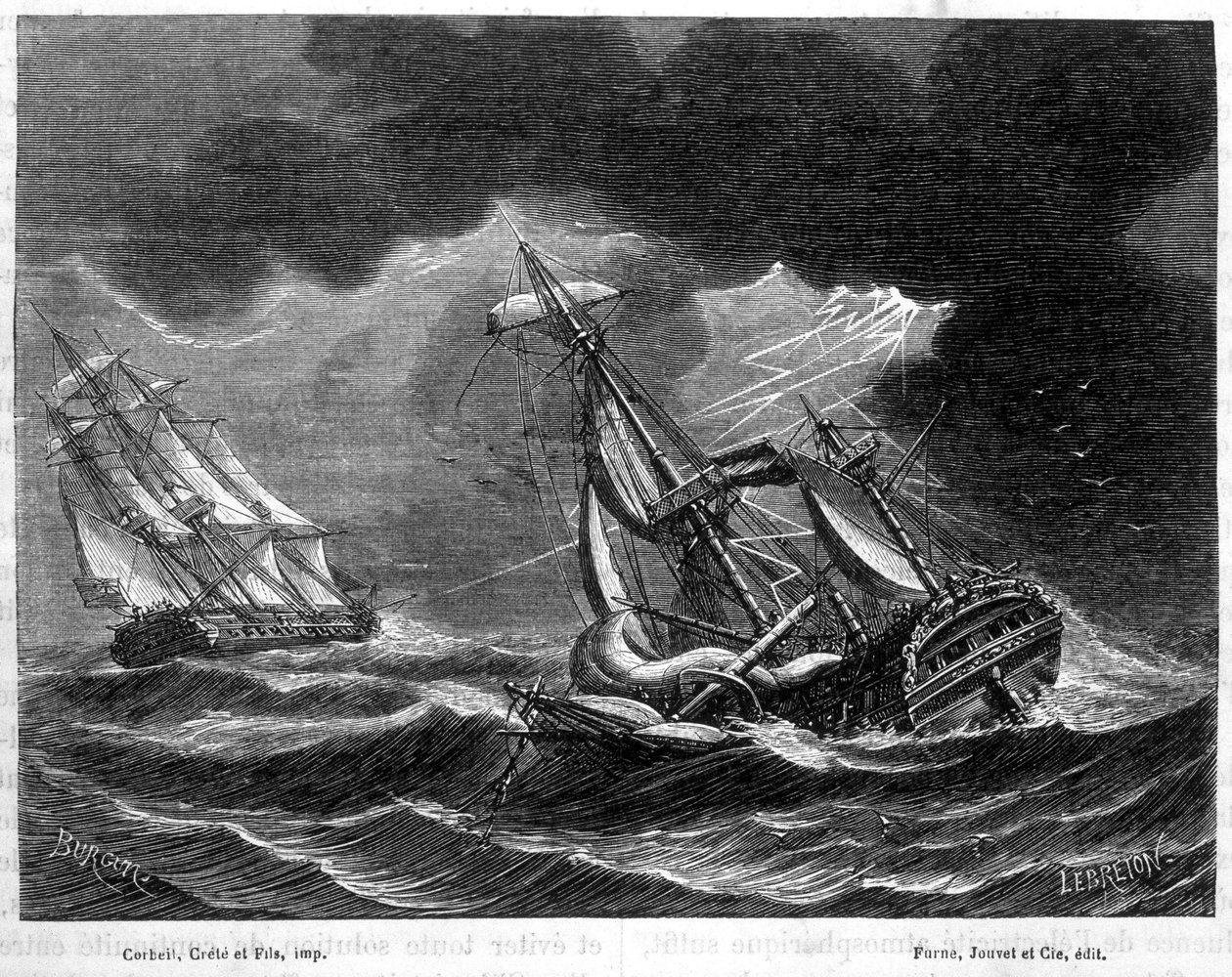 Kapten Cooks skepp skonas tack vare sin blixtledare, nära ett holländskt skepp som träffats av blixten - i "The wonders of science"" av Louis Figuier av Unknown artist