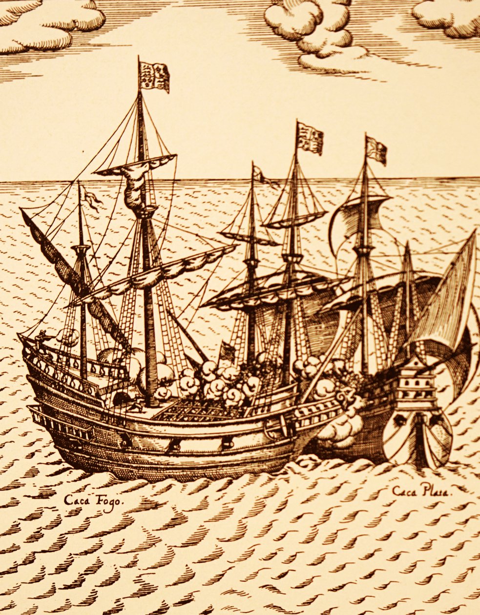 Fångst av den spanska galjonen Cagafuego av den gyllene hinden ledd av Francis Drake i mars 1579 (gravyr) av Unknown artist