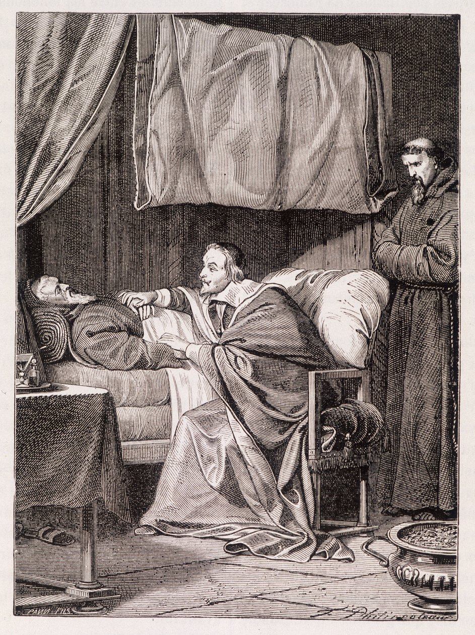 Kardinal Richelieu på fader Josephs dödsbädd - gravyr av Unknown artist