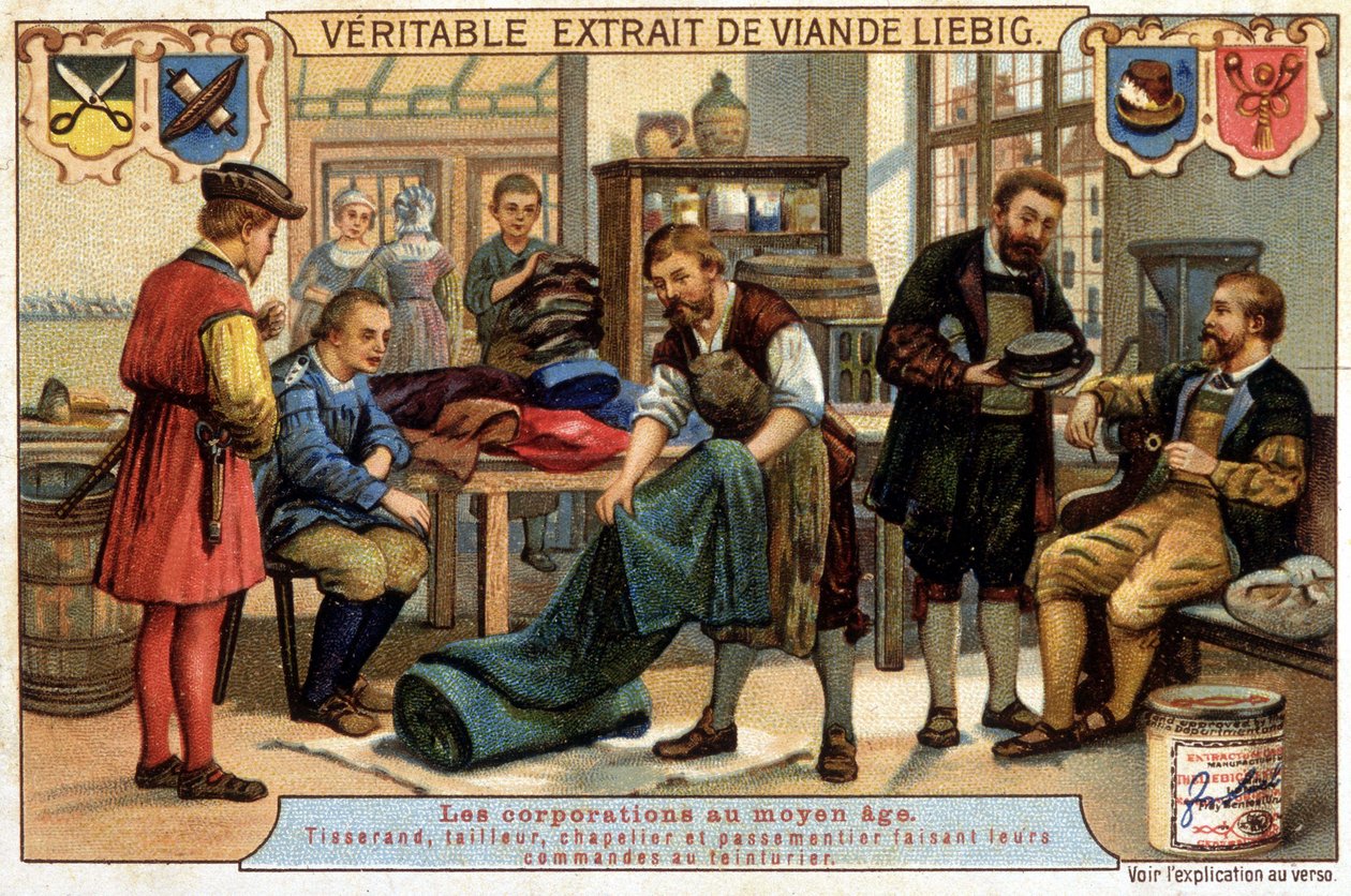Karriärer under medeltiden: vävare, skräddare, hattmakare och pastermakare som beställer kemtvätt - chromo Liebig av Unknown artist