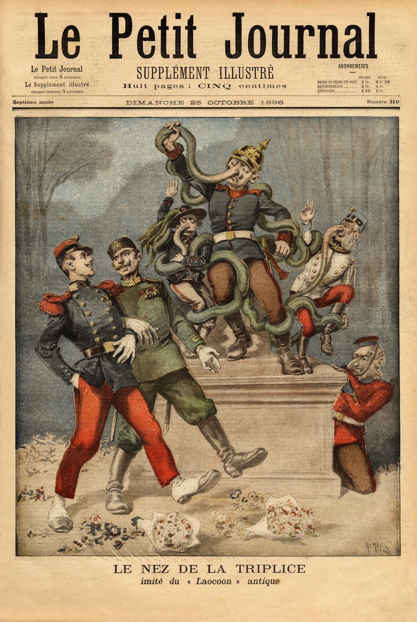 Karikatyrallegori om trippel- eller trippelalliansen mellan Tyskland, Österrike-Ungern och Italien, se den andra europeiska alliansen passera, Frankrike med Ryssland. Gravyr i "" Le petit journal"" 1896-10-25. Selvas samling. av Unknown artist