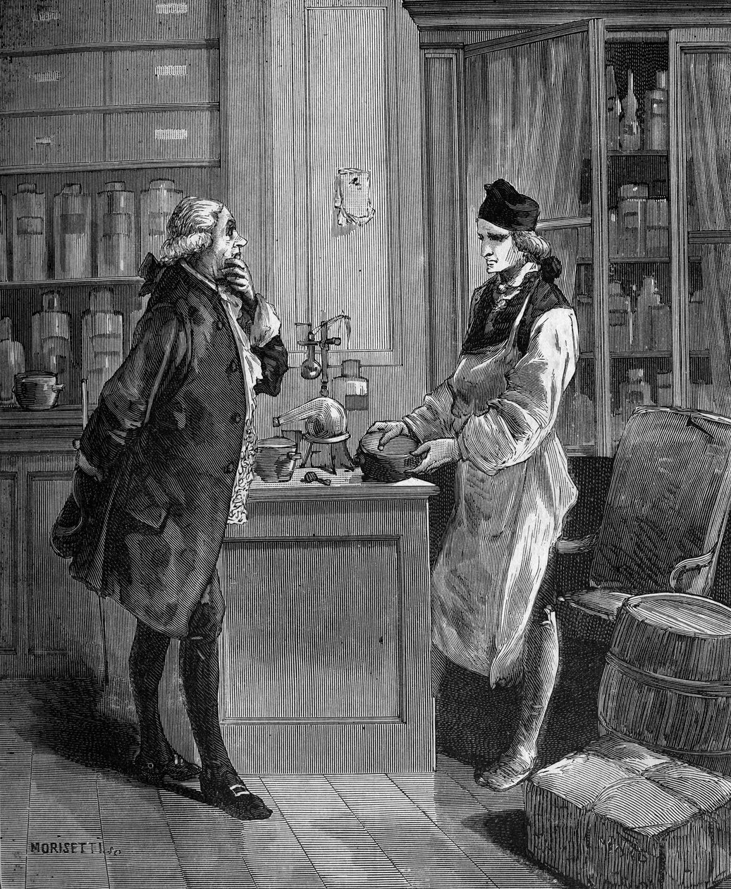 Carl William (Guillaume) Scheele (1742 -1788), svensk kemist i sitt laboratorium hos Tobern Bergmann 1735-1784 kemist. av Unknown artist