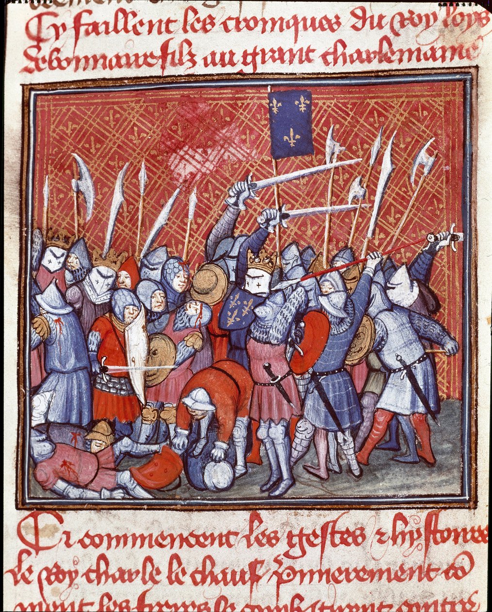 Karolingiska dynasti: "" Den karolingiske kungen Karl II säger den skallige (823-877) under en strid""" Miniatyr hämtad från "" Les grandes Chronicles de France""" Chantilly från 1300-talet, Musee Conde av Unknown artist