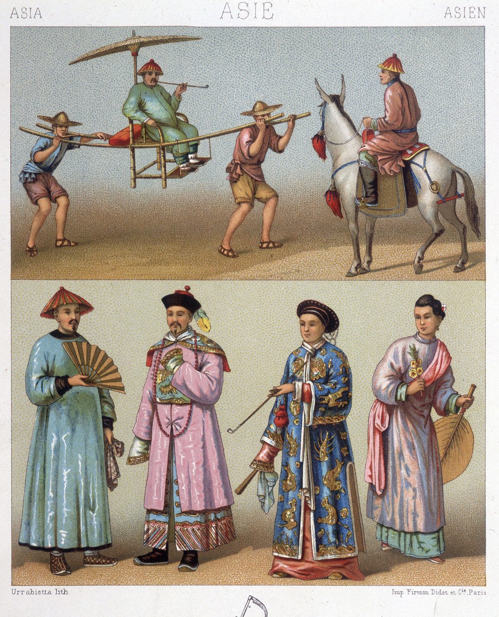 Bärstolar, ryttare och kostymer i Kina - i "" Le costume historique"" av Racinet av Unknown artist