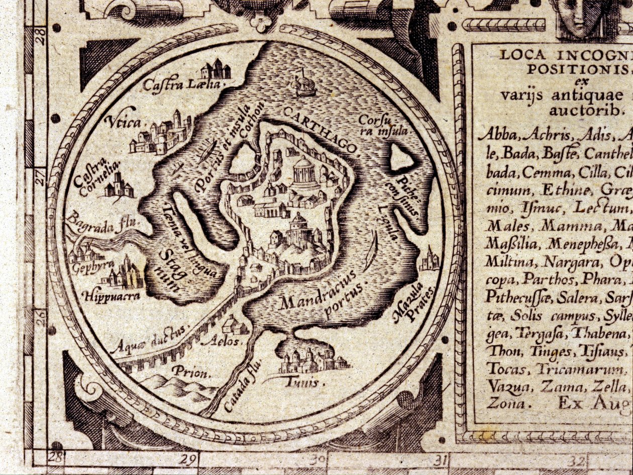 Kartago utsikt över Tunisbukten i en historisk atlas från 1600-talet. av Unknown artist