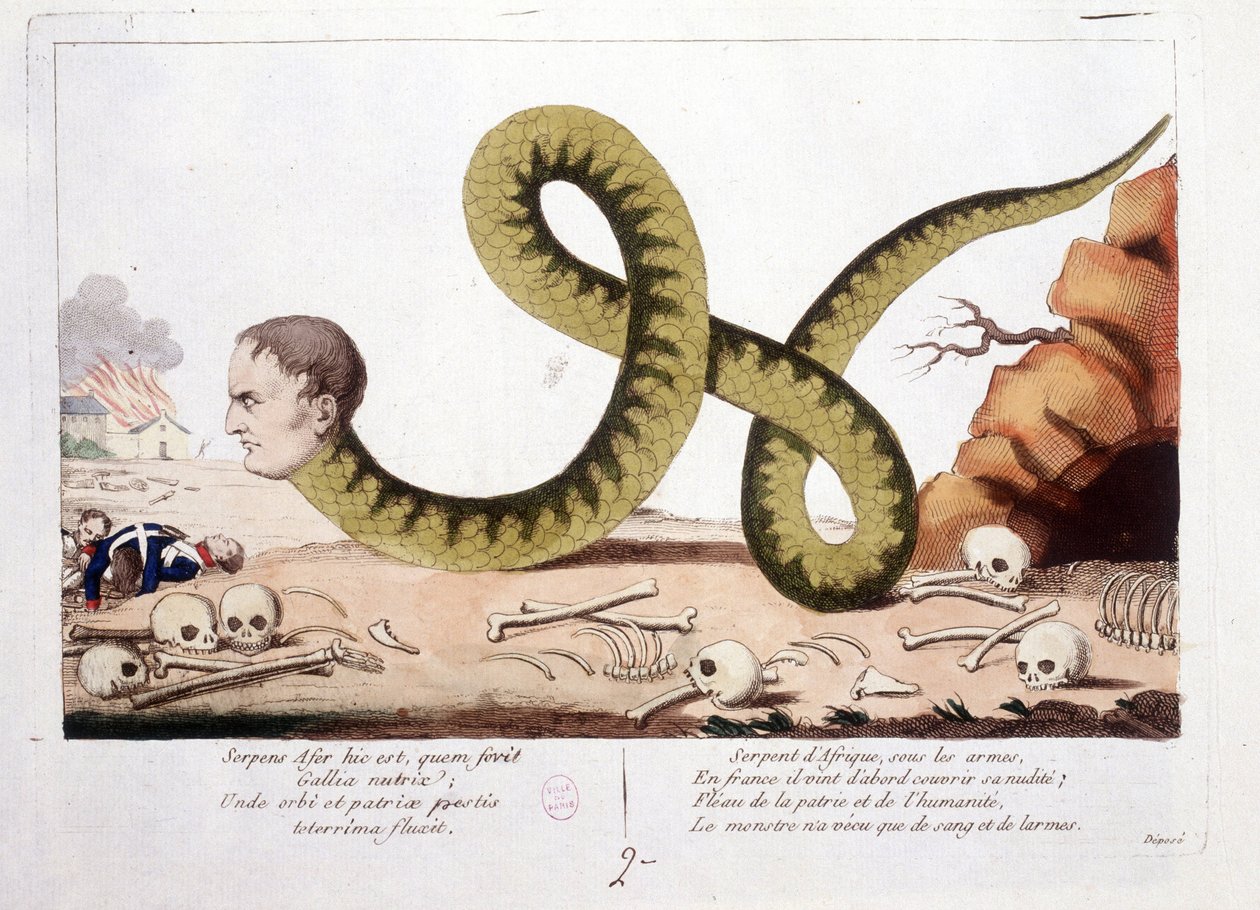 Tecknad film om Napoleon som jag representerade som en orm. Snake of Africa under vapen, i Frankrike kom han först för att täcka sin nakenhet; Gissel av hemland och mänsklighet, monstret levde bara med blod och tårar. - i Napoleon I, karikatyrer, dummysaml av Unknown artist