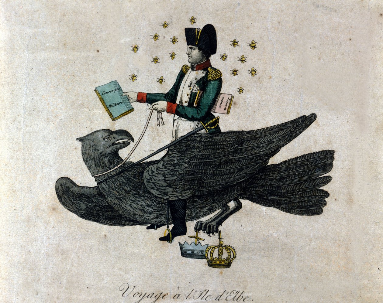 Tecknad film om Napoleon om hans exil på ön Elba. Napoleon på en örn håller i sin högra hand en bok med titeln Militär värnplikt. Gravyr av perioden. av Unknown artist