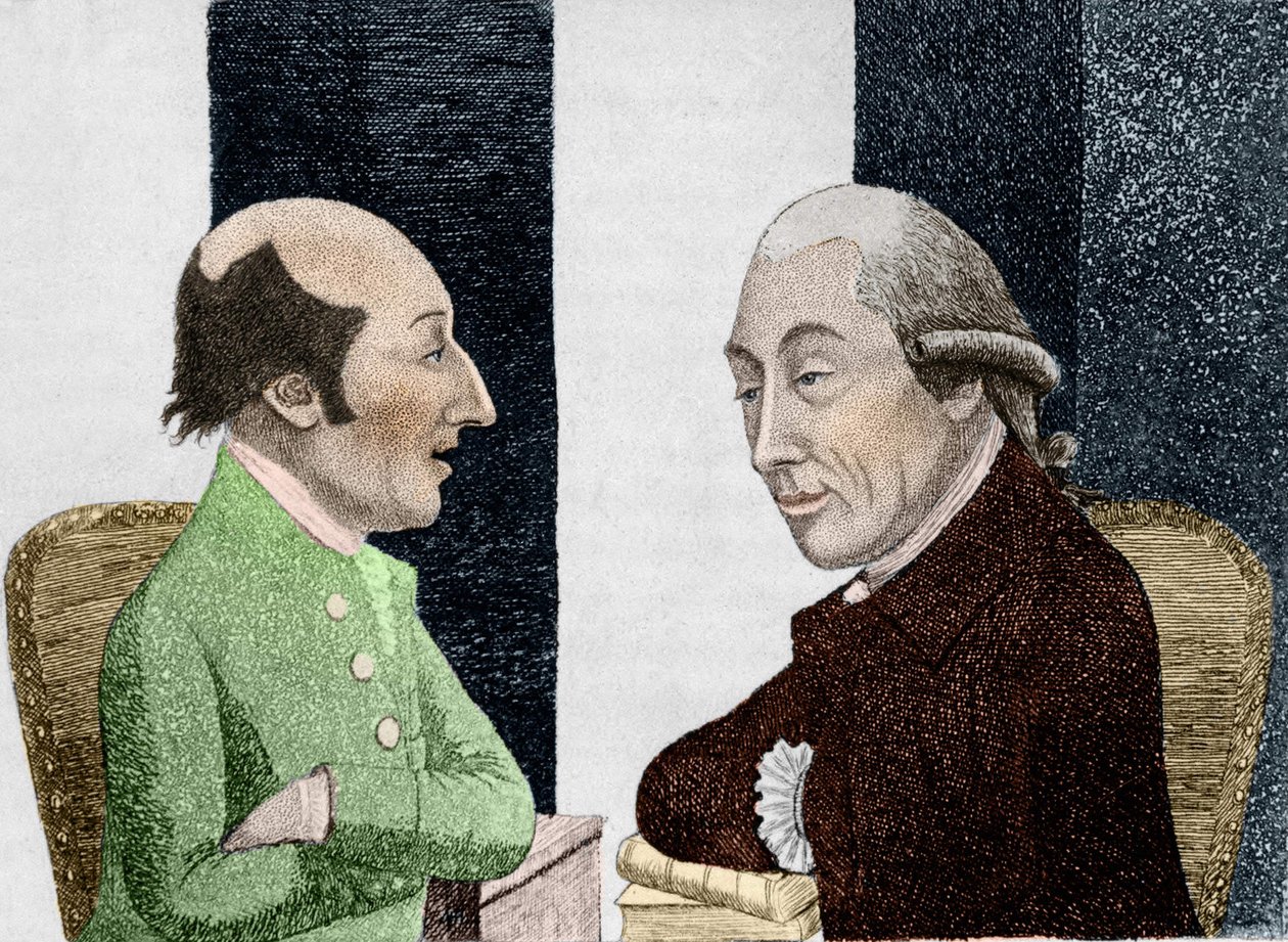 Tecknad av James Hutton (1726 - 1797) till vänster och Joseph Black (1728 - 1799) till höger Gravyr tidigt 1800-tal av Unknown artist