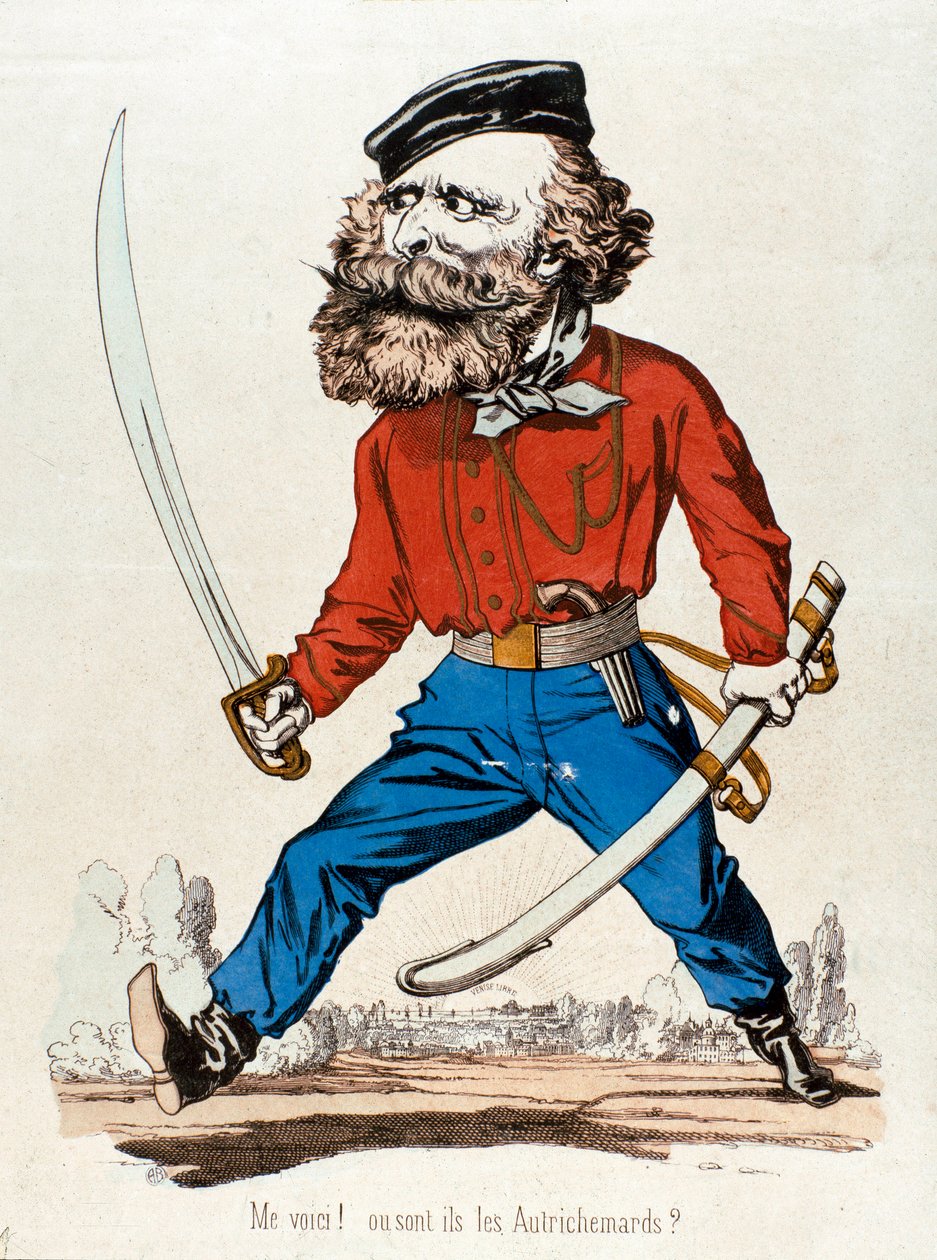 Tecknad film föreställande Giuseppe Garibaldi (1807-1882), italiensk patriot och hjältar i Risorgimento, som utropar "" Me voic! ou sont les Austrihemards””” Gravyr av 1800-talets privatsamling - Giuseppe Garibaldi (1807-1882), italiensk patriot och Riso av Unknown artist