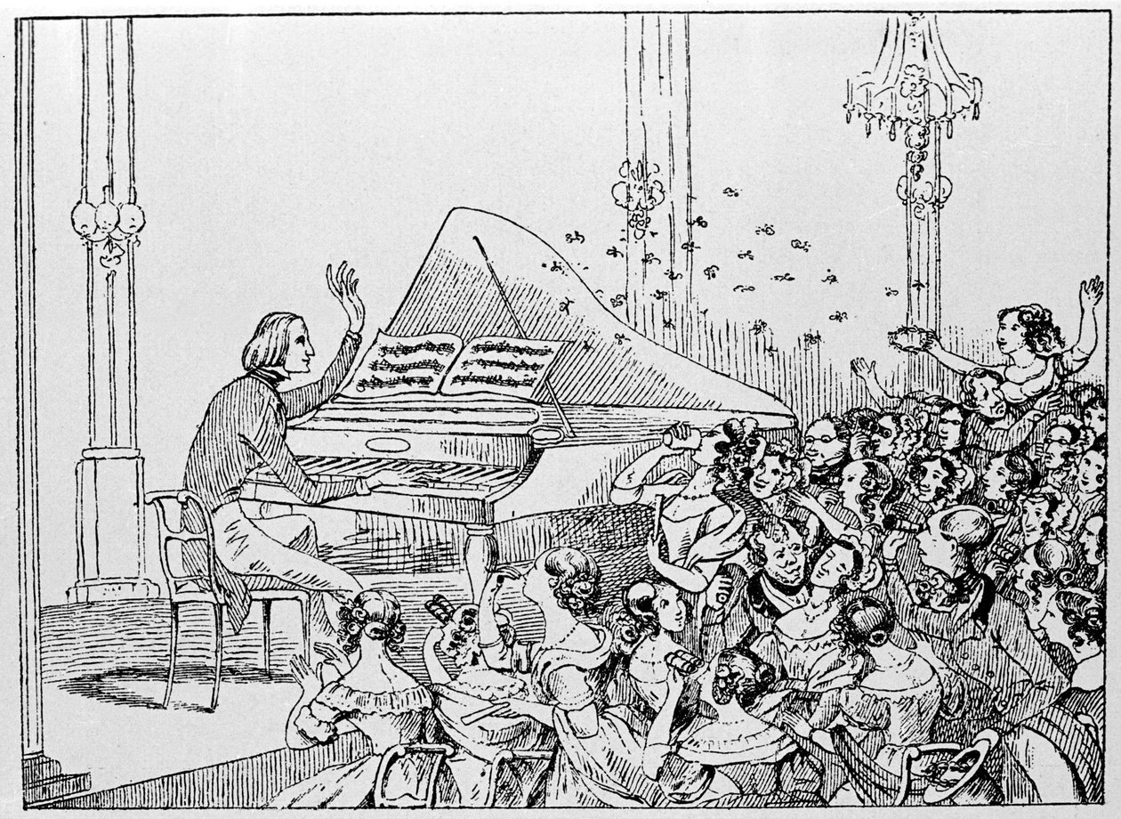 Tecknad serie av Franz Liszts triumf vid en konsert i Berlin 1842. av Unknown artist