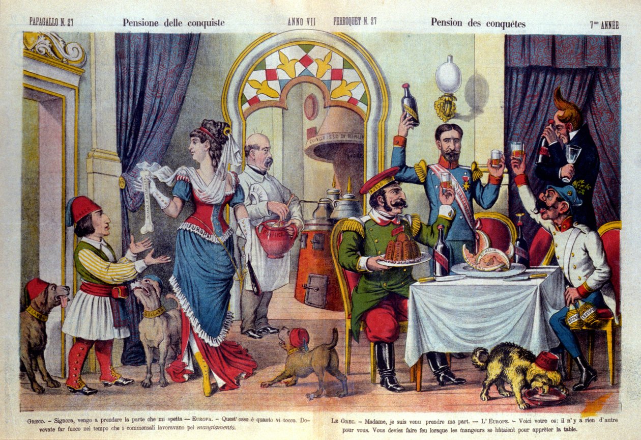 Tecknad serie av den italienska tidningen "" Le Parroquet"" (il Pappagallo) på Berlinkongressen (Congresso di Berlino) 1878 (Diplomatisk konferens). Berlinkongressen hölls för att granska Rysslands orättvisa mot Turkiet: turkar tvingades acceptera av Unknown artist