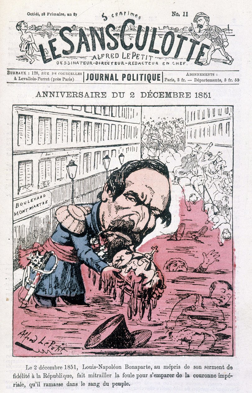 Tecknad film om Napoleon III:s statskupp den 2 december 1851 - i "" Le sans-panlotte"" av Unknown artist