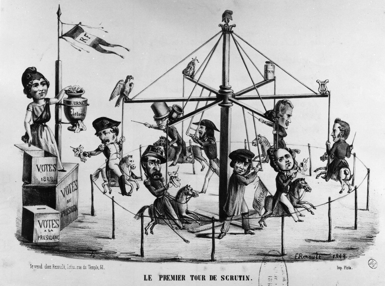 Tecknad film om den första omgången av presidentvalet 1848. Louis-Napoleon Bonaparte symboliserad med örnen... av Unknown artist