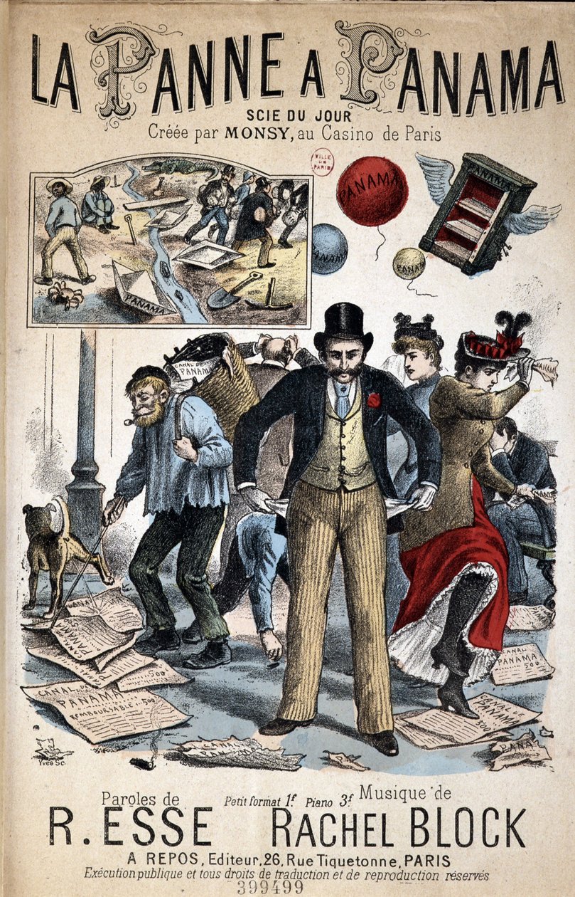 Tecknad låt "" La Panne a Panama"", såg av dagen skapad av Monsy på Casino de Paris, text av R. Esse och musik av Rachel Block av Unknown artist