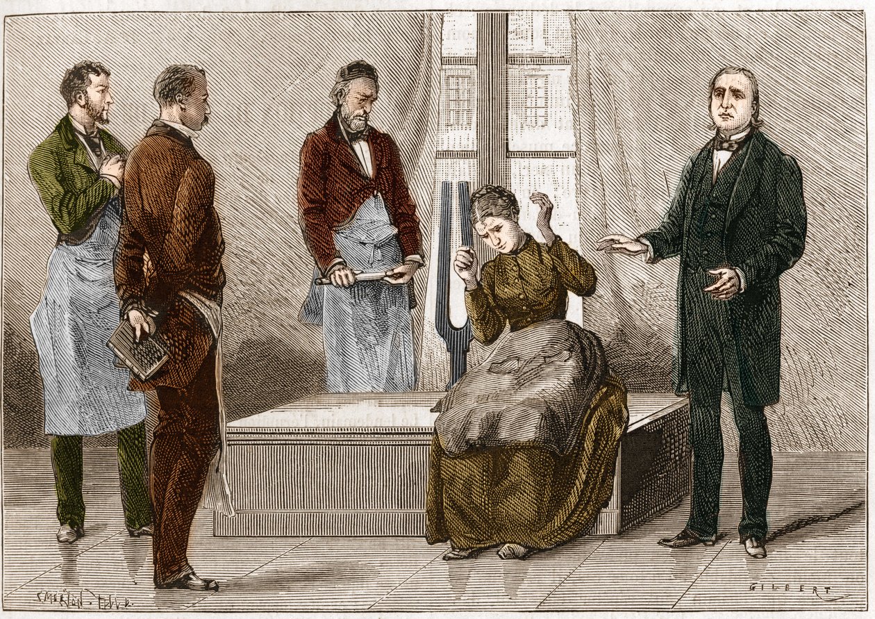 Katalepsi producerad under påverkan av ljud (Diapason). Den franske neurologen Jean Martin Charcot (1825-1893) (till höger) demonstrerar hypnos på en patient på sjukhuset i Salpetriere. Illustration hämtad från "" Nature"" 1879 av Unknown artist