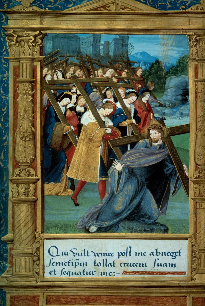 Katekes: Kristus bär sitt kors. Manuskriptsida "" Initiationsinstruktion i den kristna religionen för barn"" tillskriven Johannes Brenz (1498-1570) tillägnad Marguerite d