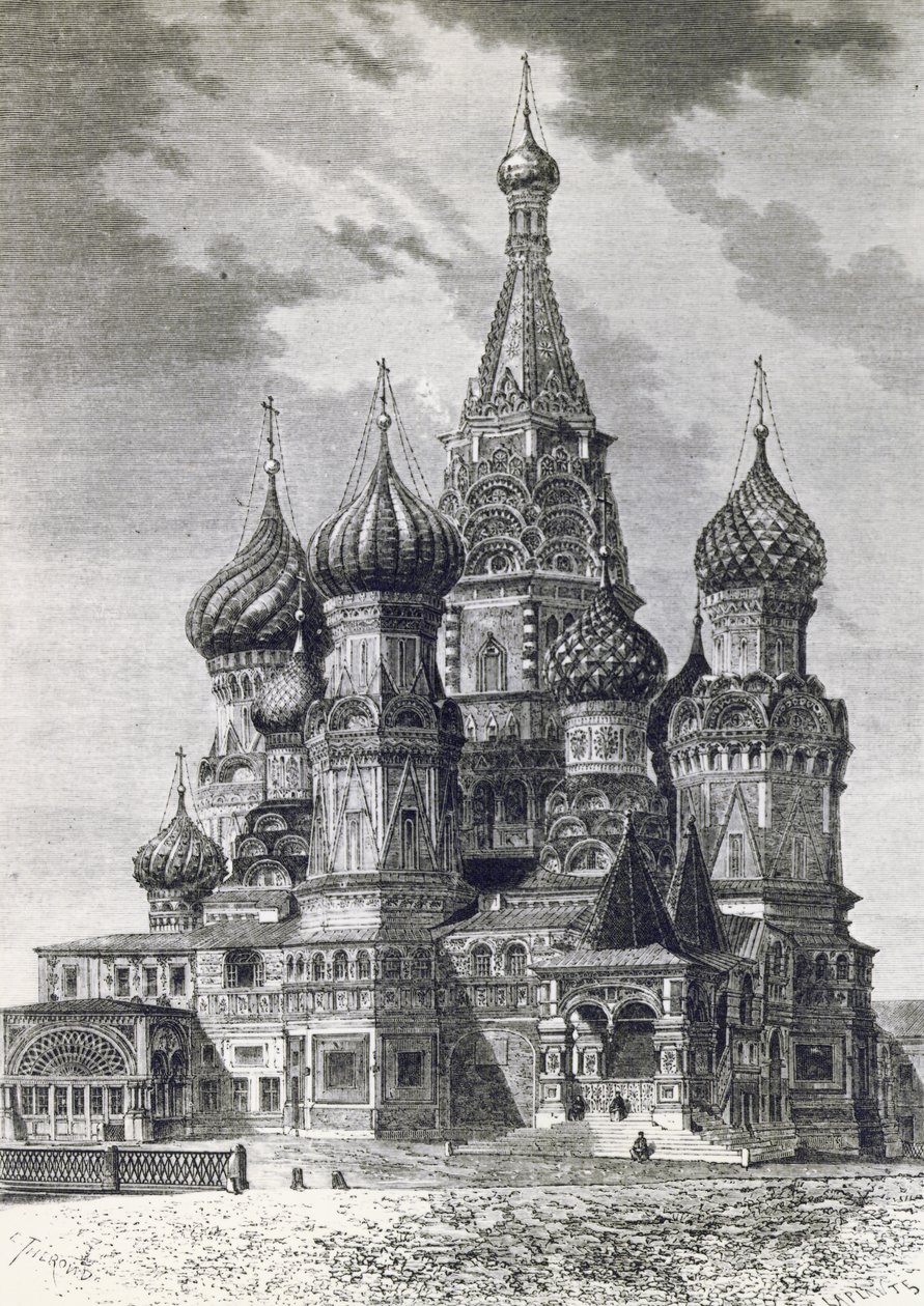 Katedralen för skydd av den heligaste Theotokos på vallgraven eller Sankt Basilius-katedralen på Röda torget i Moskva, Ryssland, gravyr från Free Russia av Unknown artist