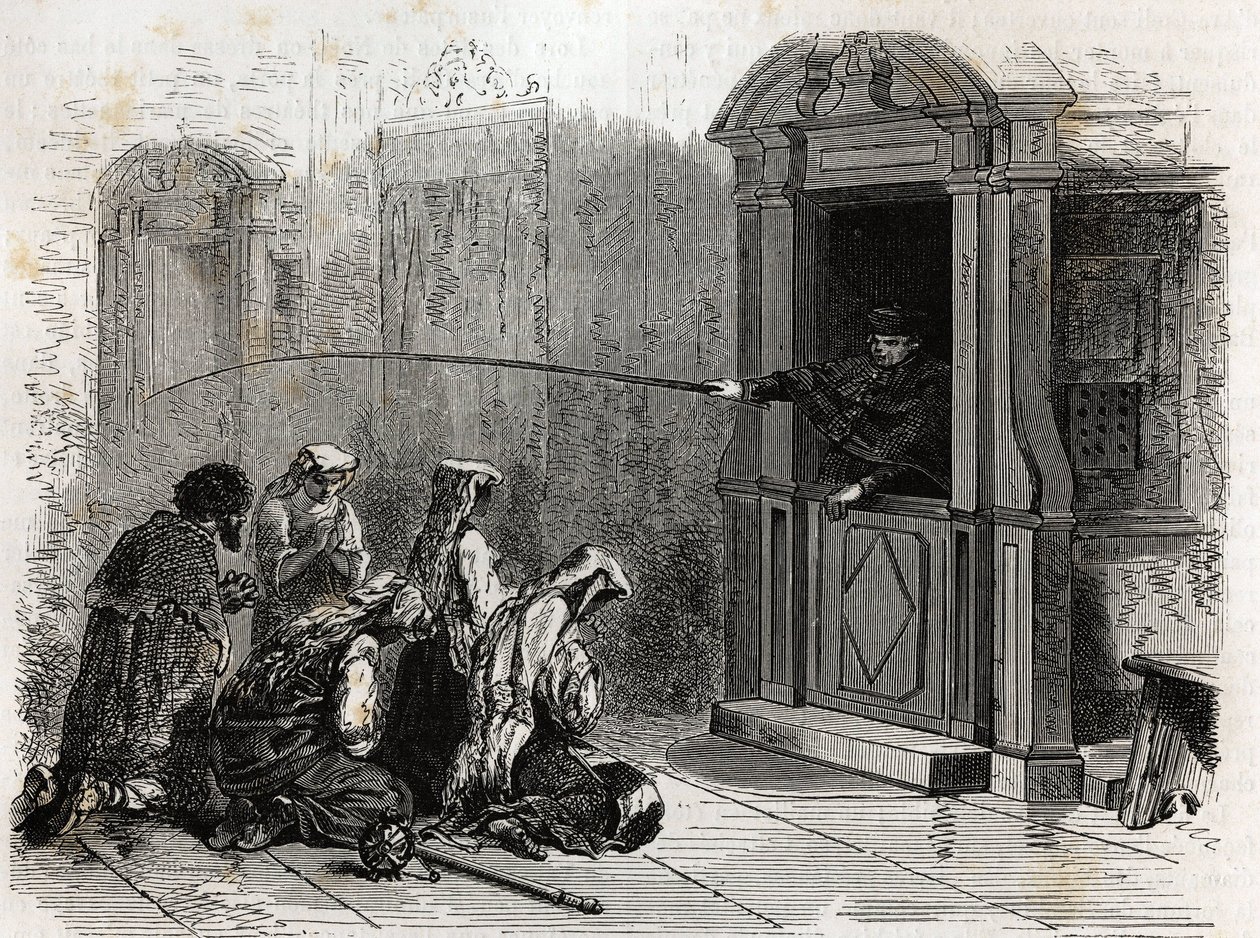 Katolska utövare i bön, som tar emot vanlig ånger, piskor administrerade av en präst från båset. Gravyr för att illustrera historien om Stilla veckan i Rom, 1863, av Ludovic Celler, i "Le tour du monde, nouveau journal des voyages"" public av Unknown artist