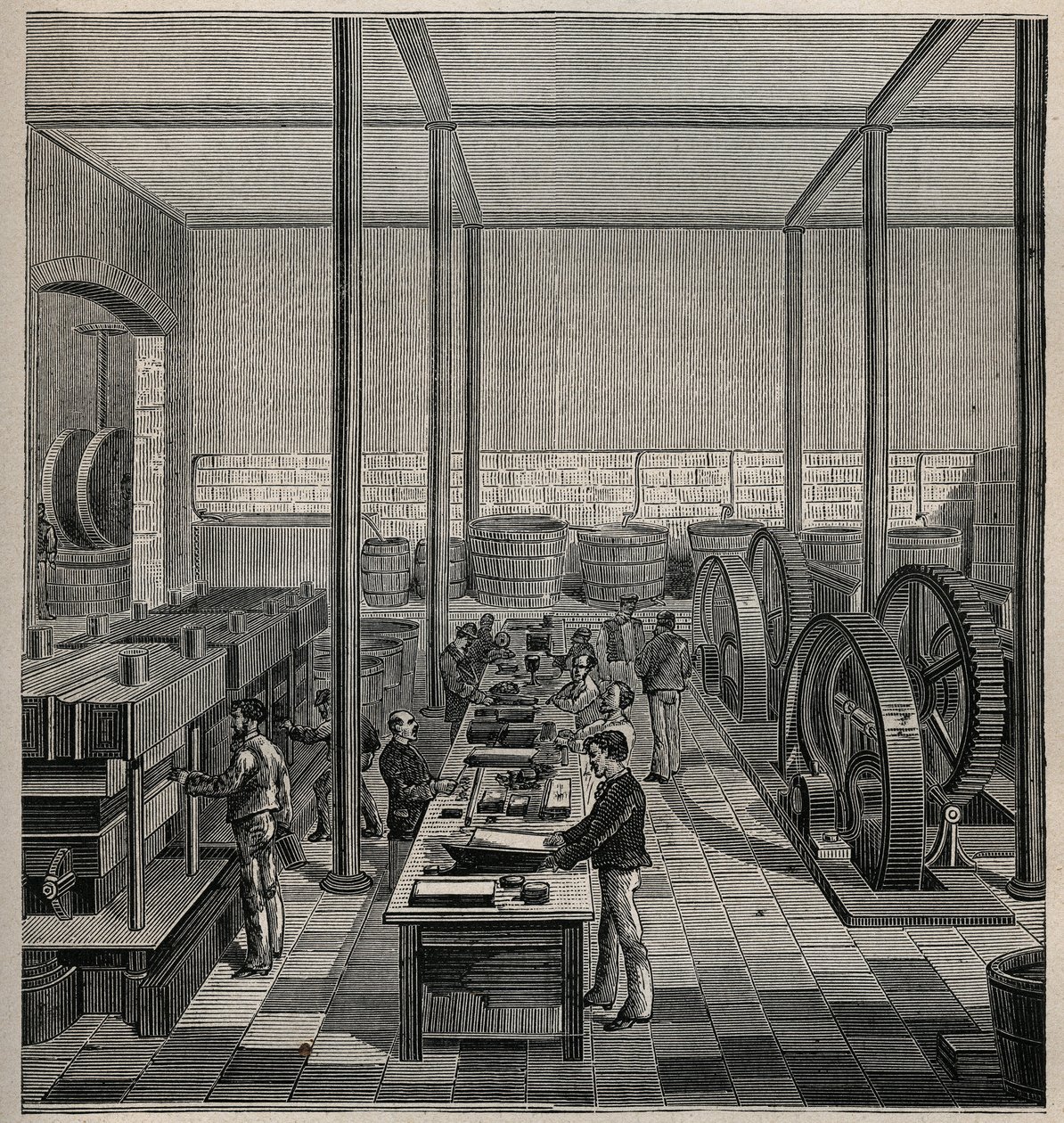 Celluloid: celluloidtillverkning. Gravyr från 1885 i "" Les arts et metiers illustres"" av Adolphe BITARD. av Unknown artist