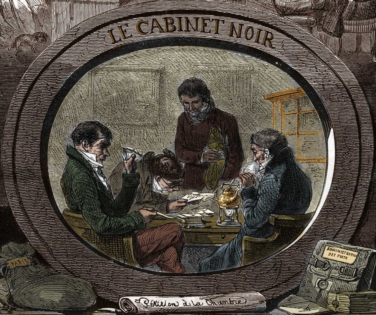 Censur på 1800-talet: Under den gamla regimen kallas tjänsten "Svart kabinett", som ansvarar för att granska privat korrespondens av säkerhetsskäl. Gravyr av 1800-talet. av Unknown artist