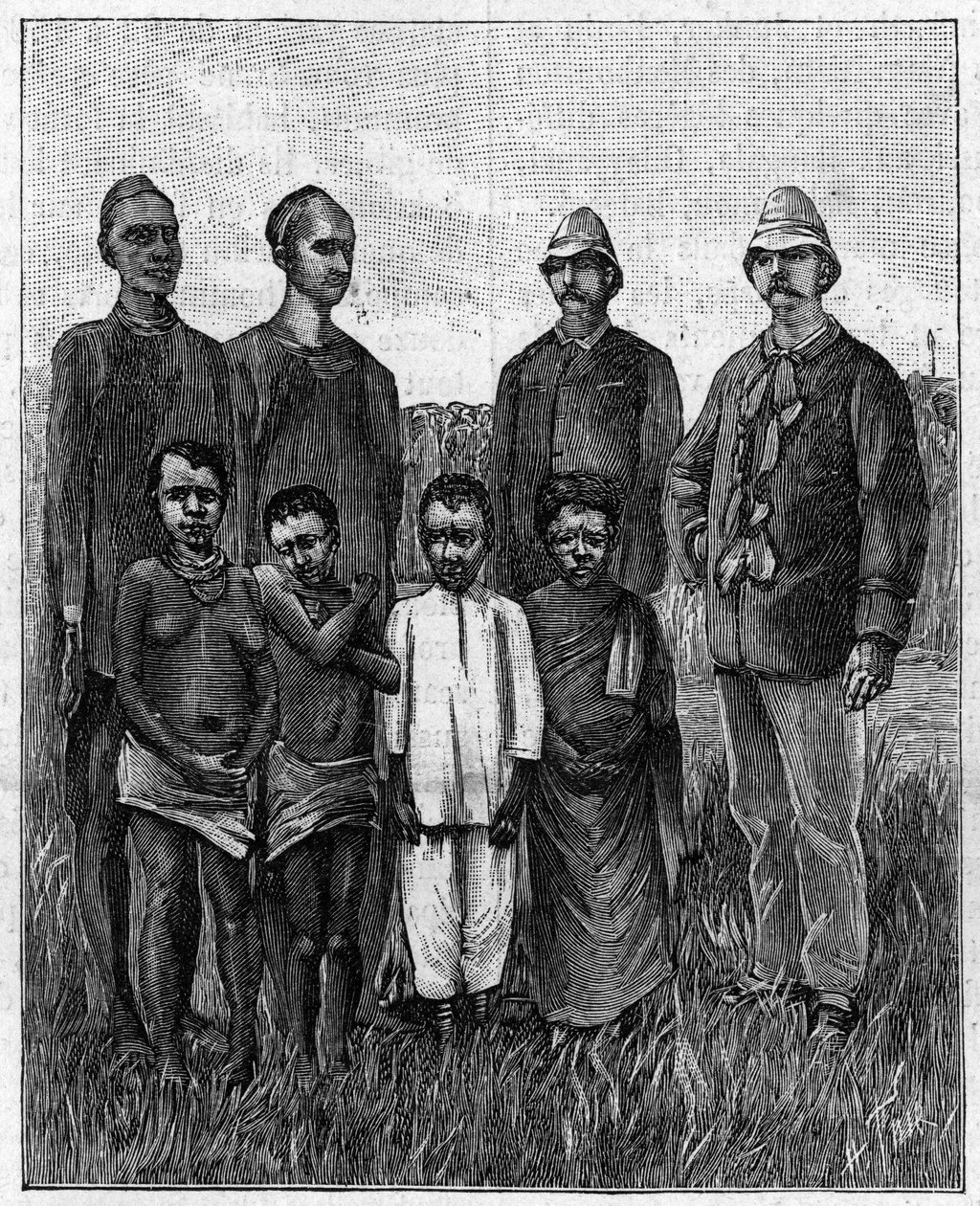 Centralafrikanska pygméer har fått sällskap av engelska och sudanesiska officerare. (Från ett fotografi). Gravyr i "" La Nature: revue des sciences et de leurs applications aux arts et a l