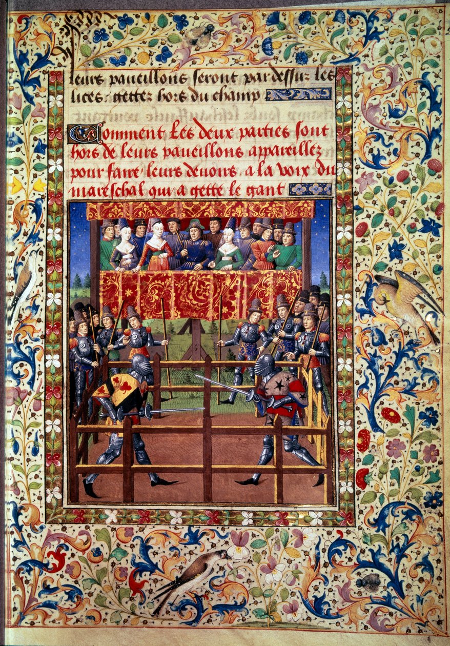 Ceremonier och förordningar som stridslöfte: duell i slutet fält mellan två riddare Miniatyr från ett manuskript av Jean de Rolin (1400-talet) 1460 Paris, B.N. av Unknown artist