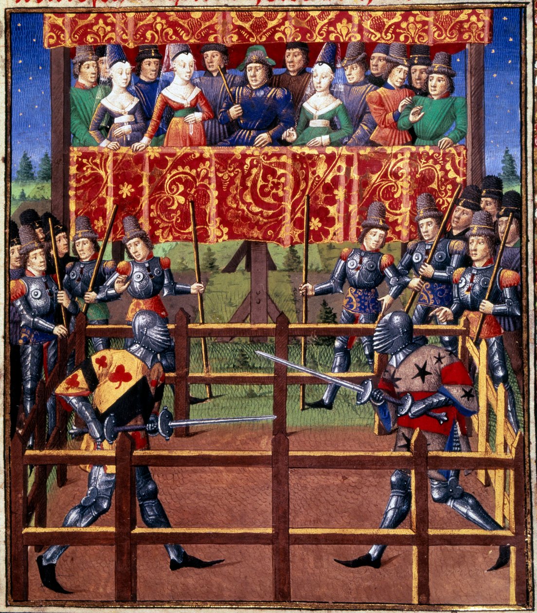 Ceremonier och förordningar som stridslöfte: duell i slutet fält mellan två riddare Miniatyr från ett manuskript av Jean de Rolin (1400-talet) 1460 Paris, B.N. av Unknown artist