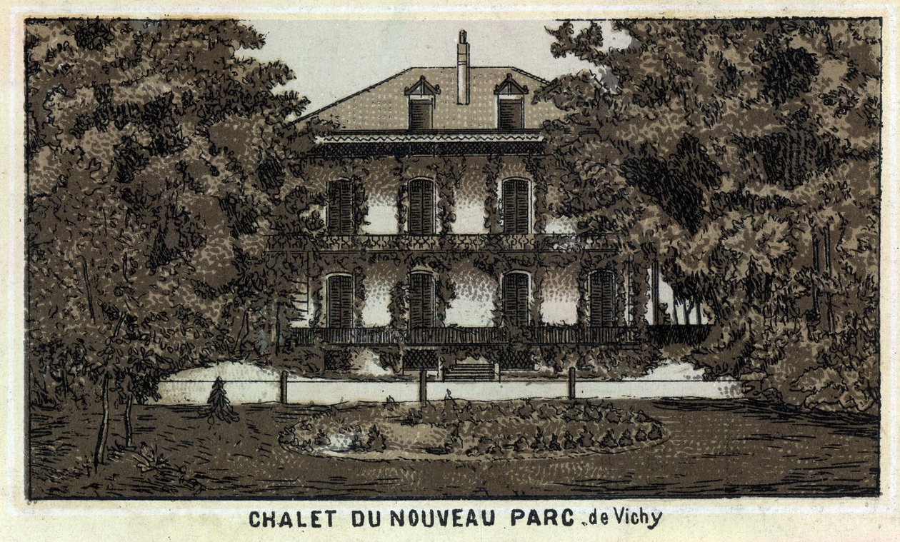 Chalet i den nya parken Vichy (Allier och Auvergne-regionen). Kromolitografi från slutet av 1800-talet. av Unknown artist