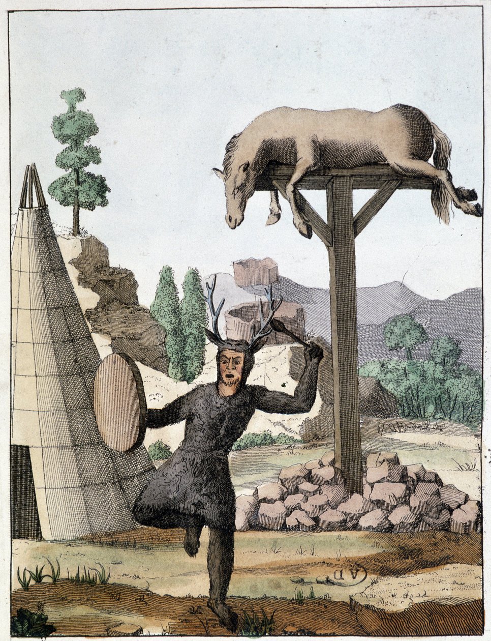 Chaman tungdansande framför en begravning (Sibirien) - gravyr, deb. 1800-talet av Unknown artist