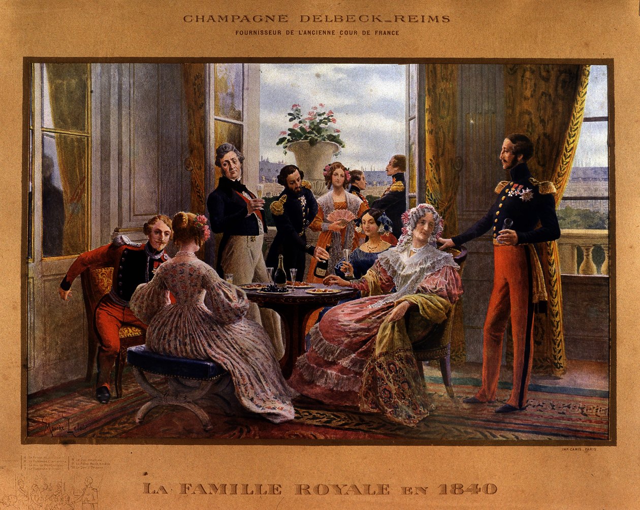 Champagne serverad vid det kungliga bordet 1840 - Reklamaffisch för Delbeck-champagnen "" Leverantör av det tidigare hovet i Frankrike", sent 1800-tal av Unknown artist