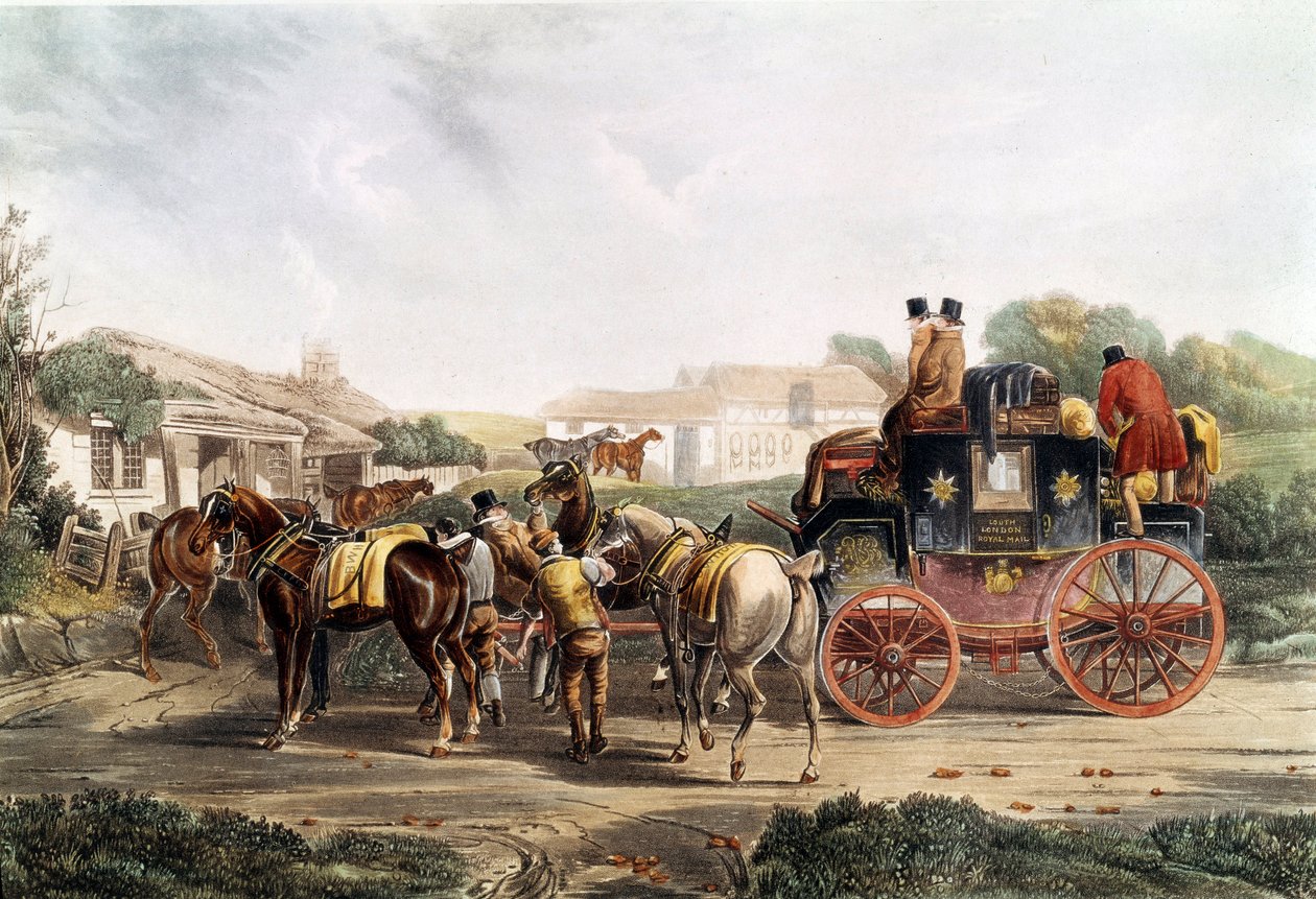 Byte av krok på värdshuset under en bussresa. Engelsk gravyr. 1800-talets privatsamling av Unknown artist