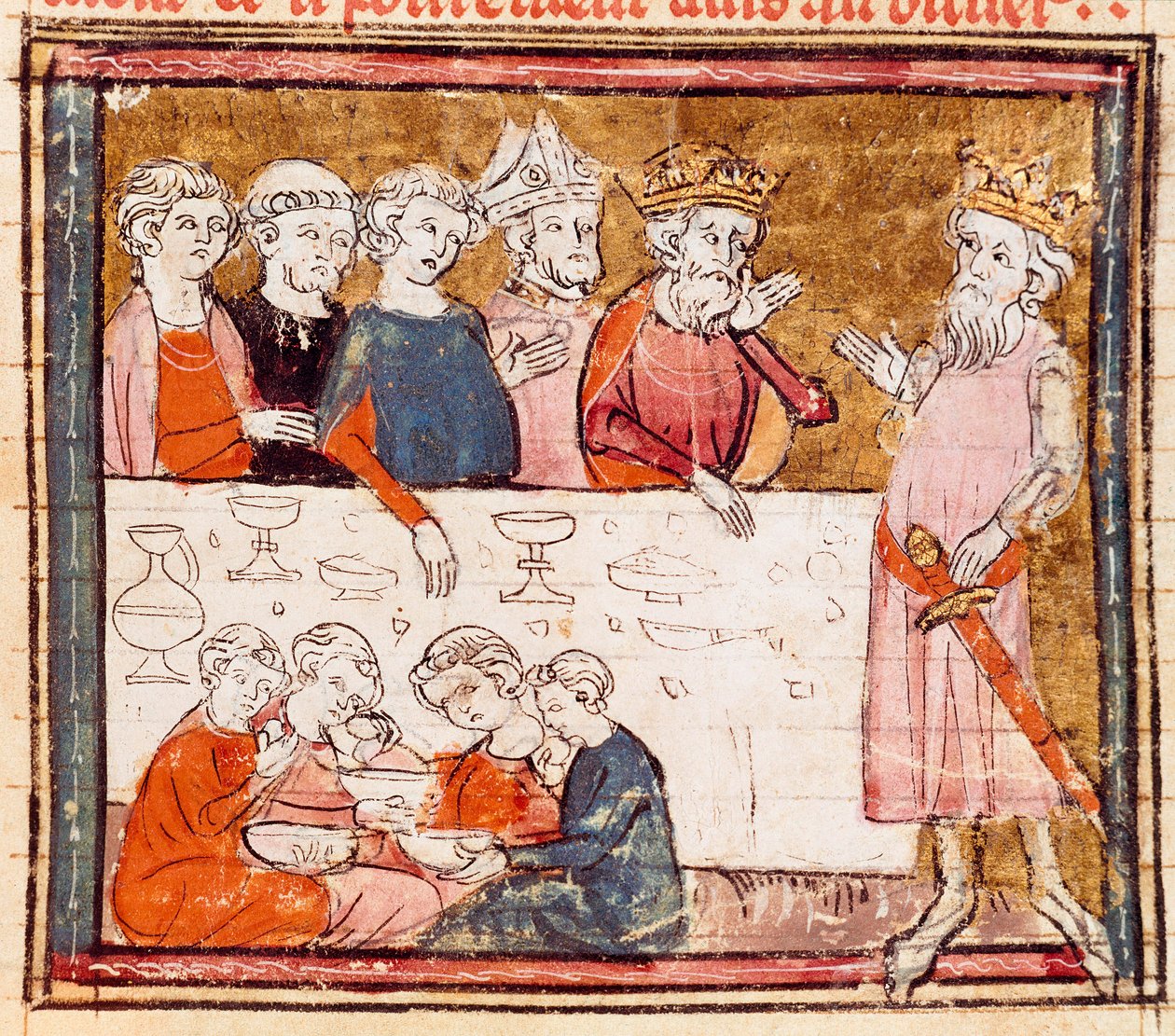 Karl den Store (742-814) och hans brorson ryttaren Roland vid en bankett där den stackars miniatyren från "" Grandes Chronicles de France"" 1375-1379 Stadsbiblioteket, Castres av Unknown artist