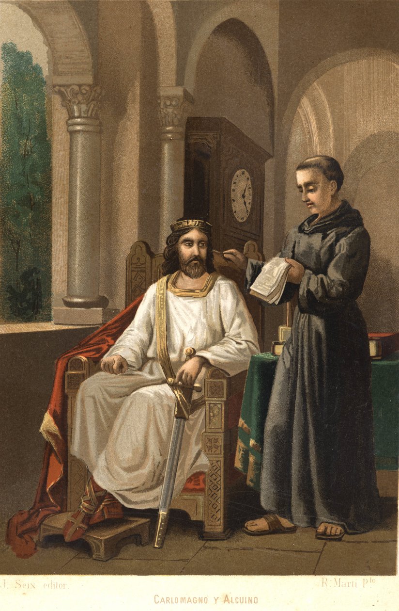Karl den Store (747-814), kung av frankerna och kejsare av väst, och Alcuin (ca 781). efter "Science and its Men"" av Louis Figuier. Barcelona 1881 av Unknown artist