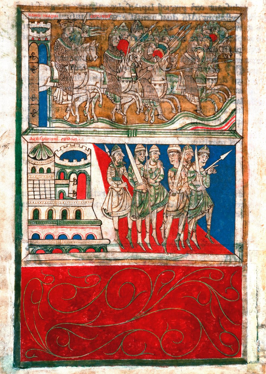 Karl den Store och hans riddare lämnar Aachen och beger sig till Santiago de Compostela Miniature från "Codex Calixtinus"" (Saint Jakobs bok), omkring 1140. fol. 162 v. Arkiv för katedralen i Santiago de Compostela (Santiago de Compostela), Spanien av Unknown artist